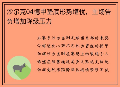 沙尔克04德甲垫底形势堪忧，主场告负增加降级压力